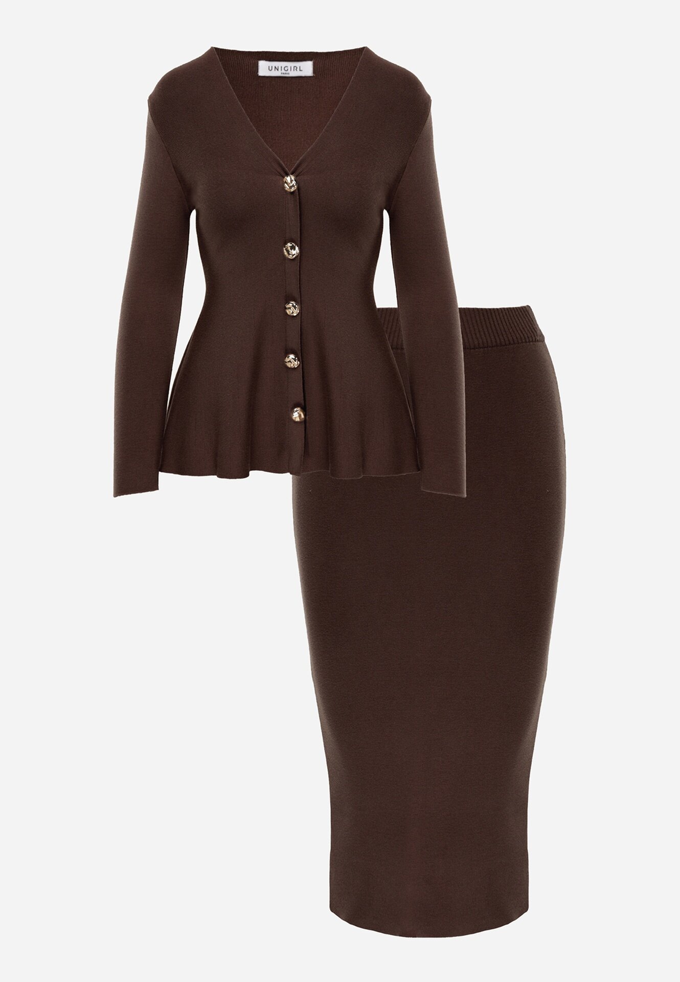 unigirl Compleu Tricotat Maro din Viscoză Elegant Cardigan și Fustă Unalaia