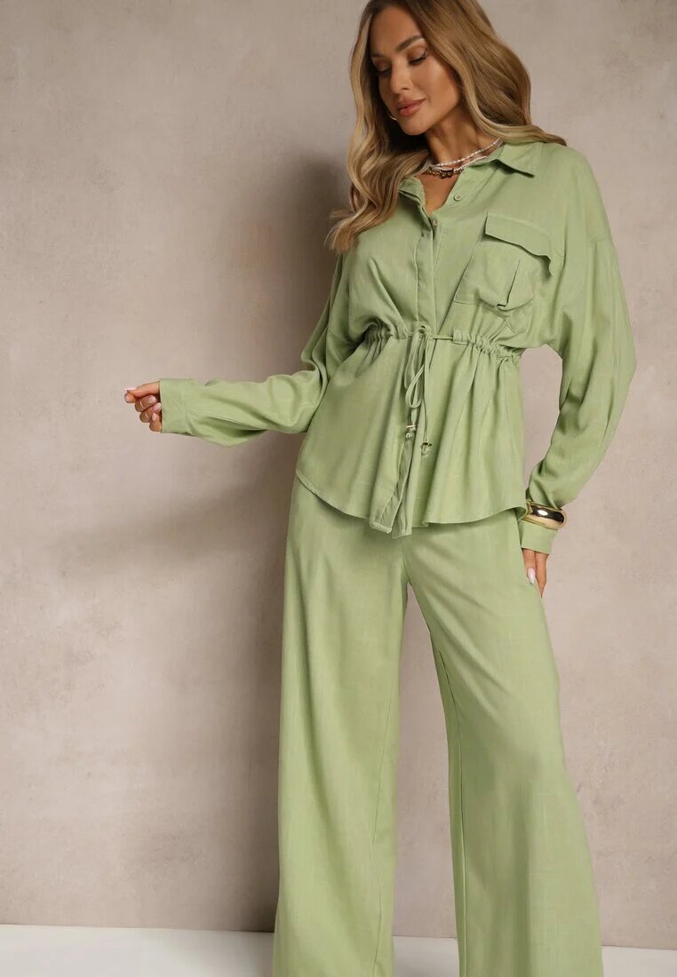unigirl Compleu Verde din Vâscoză Pantaloni Largi și Cămașă Strânsă în Talie Divanea