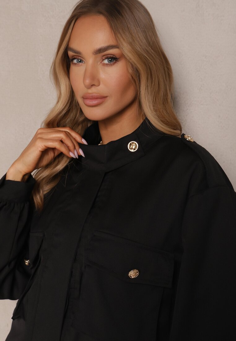 unigirl Geacă Neagră Boxy cu guler înalt și șnur în talie Decorată cu nasturi Casalla