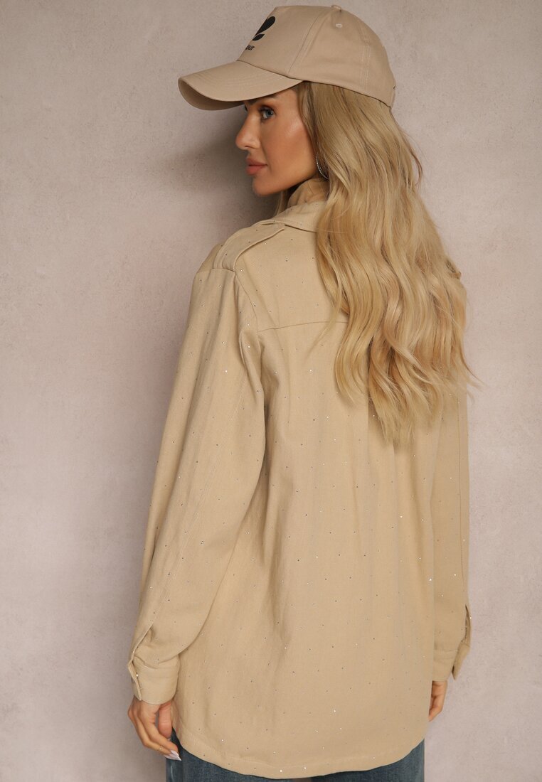 unigirl Jachetă tip cămașă bej din bumbac cu nasturi cu zirconii Nerellia