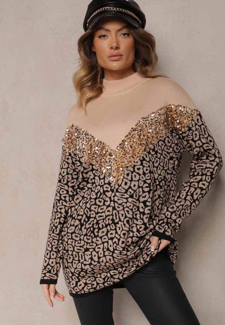 unigirl Pulover Bej din viscoză cu imprimeu leopard cu paiete decorative Firimi