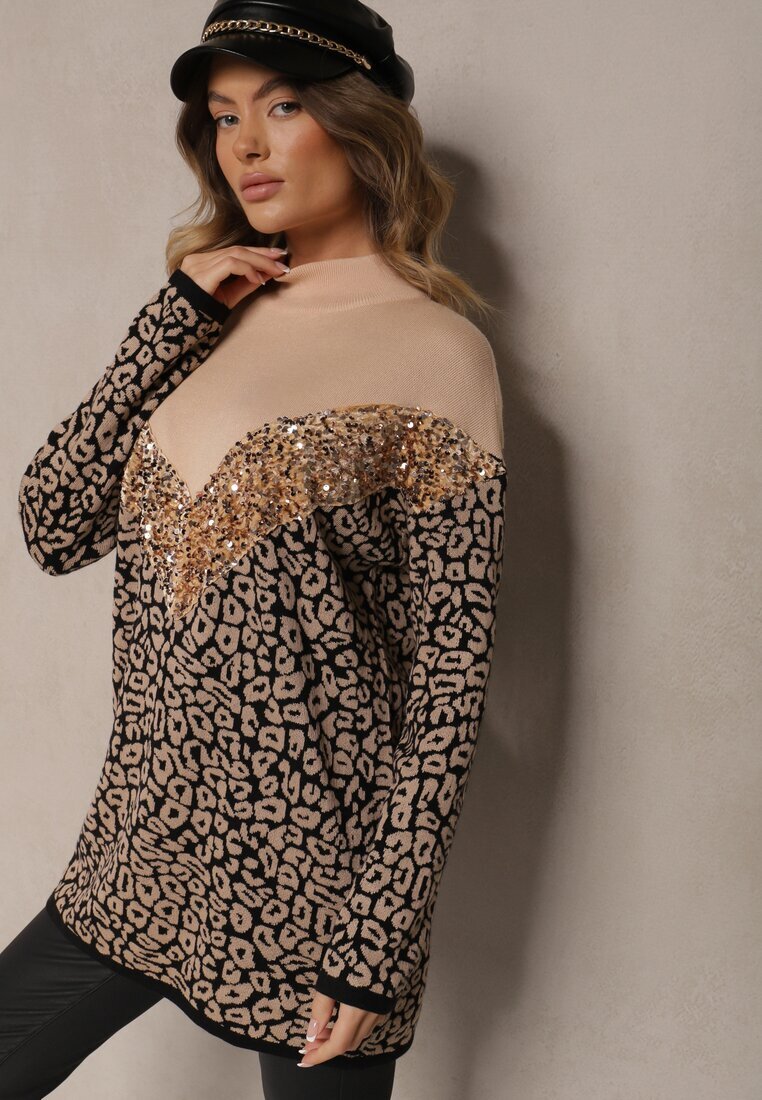 unigirl Pulover Bej din viscoză cu imprimeu leopard cu paiete decorative Firimi