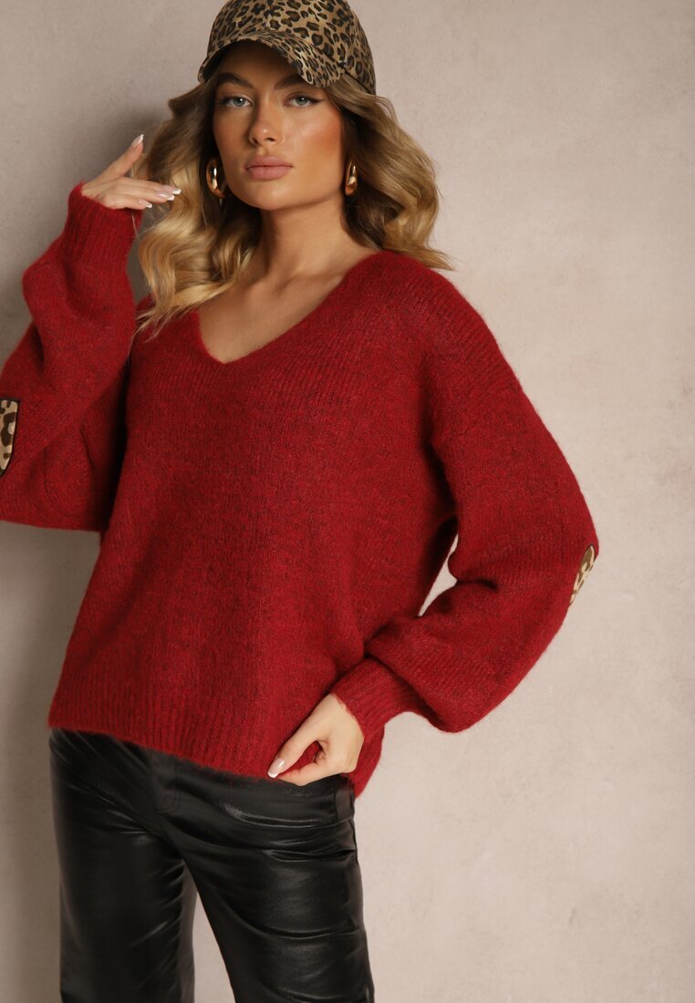 unigirl Pulover Bordeaux cu Lână Decorat cu Petice pe Mâneci Noraleen