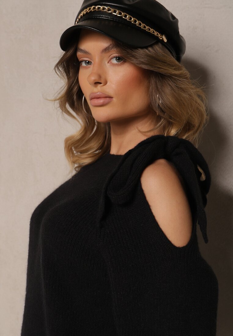 unigirl Pulover Negru cu Legătură Decorativă și Decupaj pe Umăr Eledi