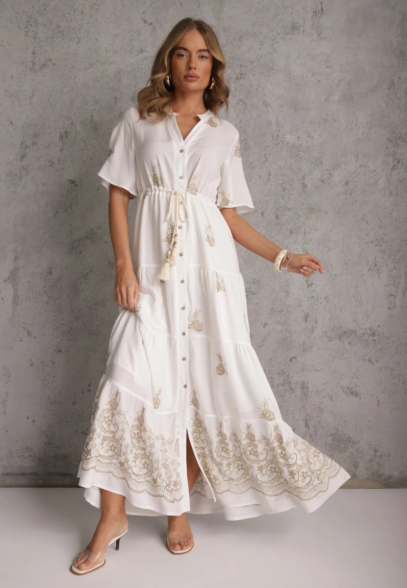 unigirl Rochie Albă Evazată Boho din Viscoză Decorată cu Broderie Legătură și Volane