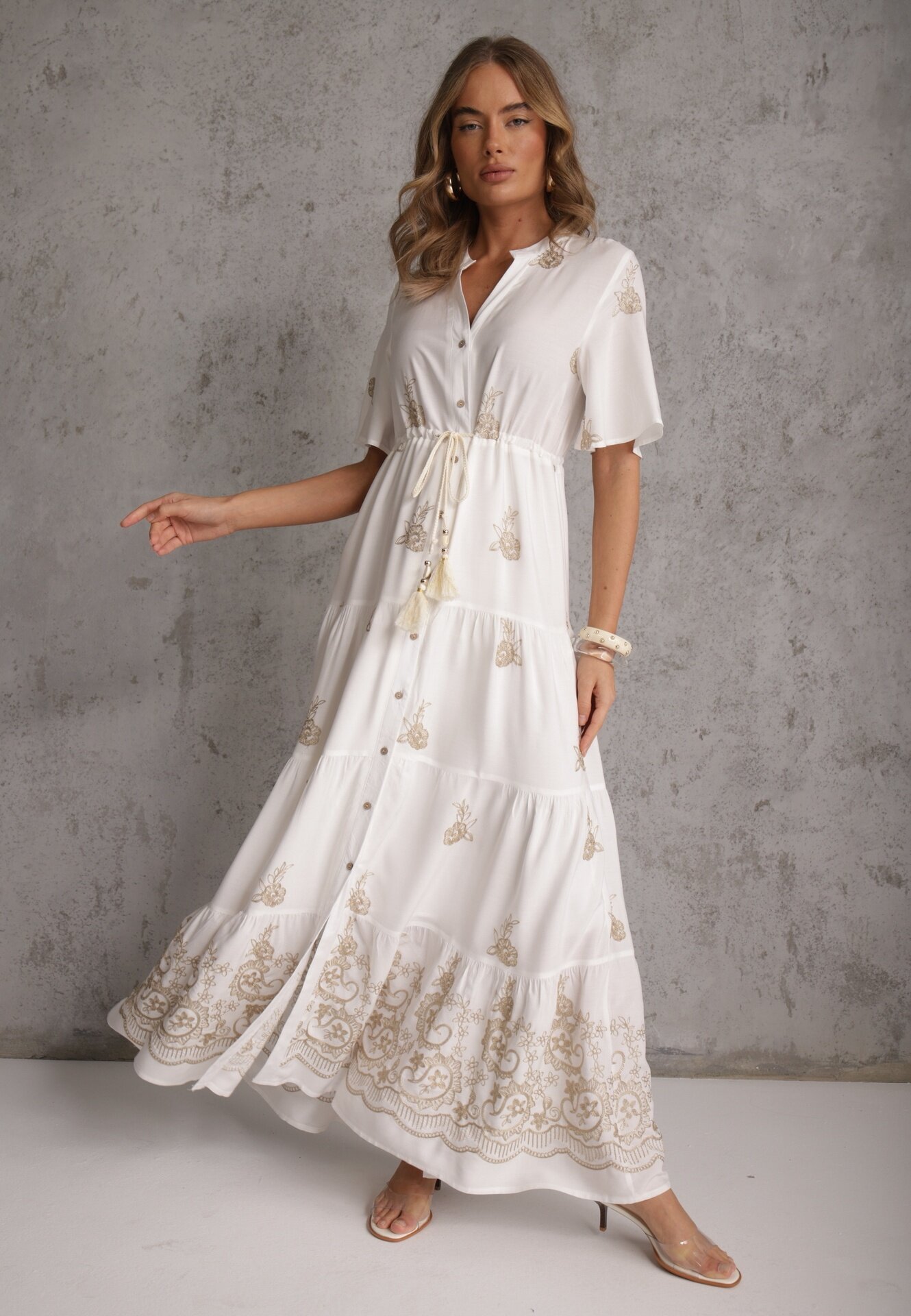 unigirl Rochie Albă Evazată Boho din Viscoză Decorată cu Broderie Legătură și Volane
