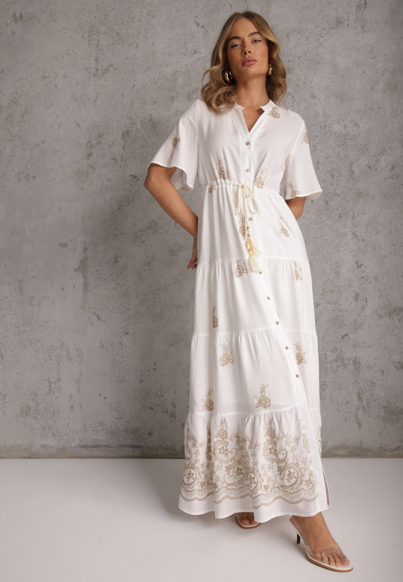 unigirl Rochie Albă Evazată Boho din Viscoză Decorată cu Broderie Legătură și Volane