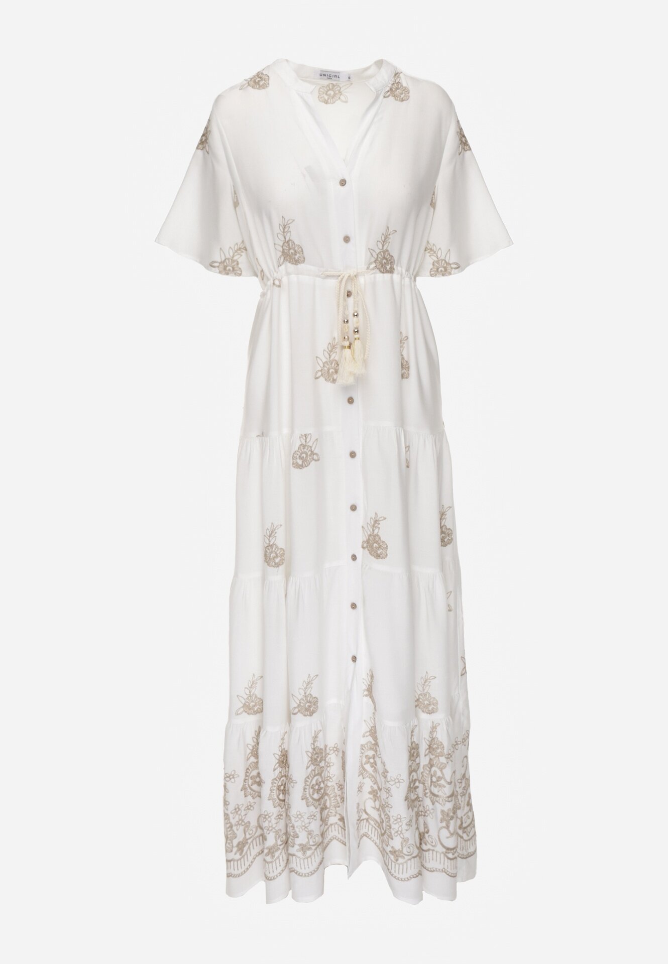 unigirl Rochie Albă Evazată Boho din Viscoză Decorată cu Broderie Legătură și Volane