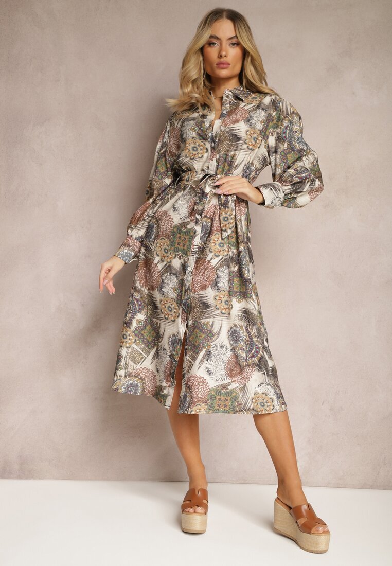 unigirl Rochie Albastră croială tip cămașă Legată în talie cu model ornamental Blikkia
