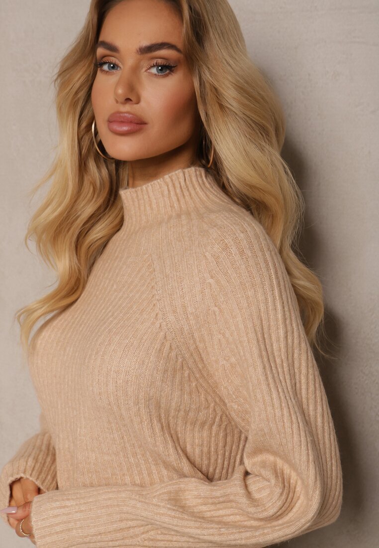 unigirl Rochie Bej Croi drept Tip pulover Guler semi-înalt cu Lână Norawen