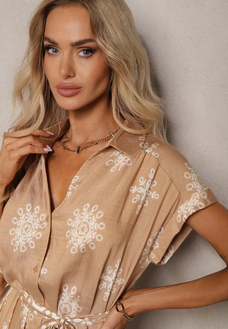 unigirl Rochie Bej cu Adaos de Viscoză Stil Cămașă Finisată cu Centură și Nasturi Mivavia