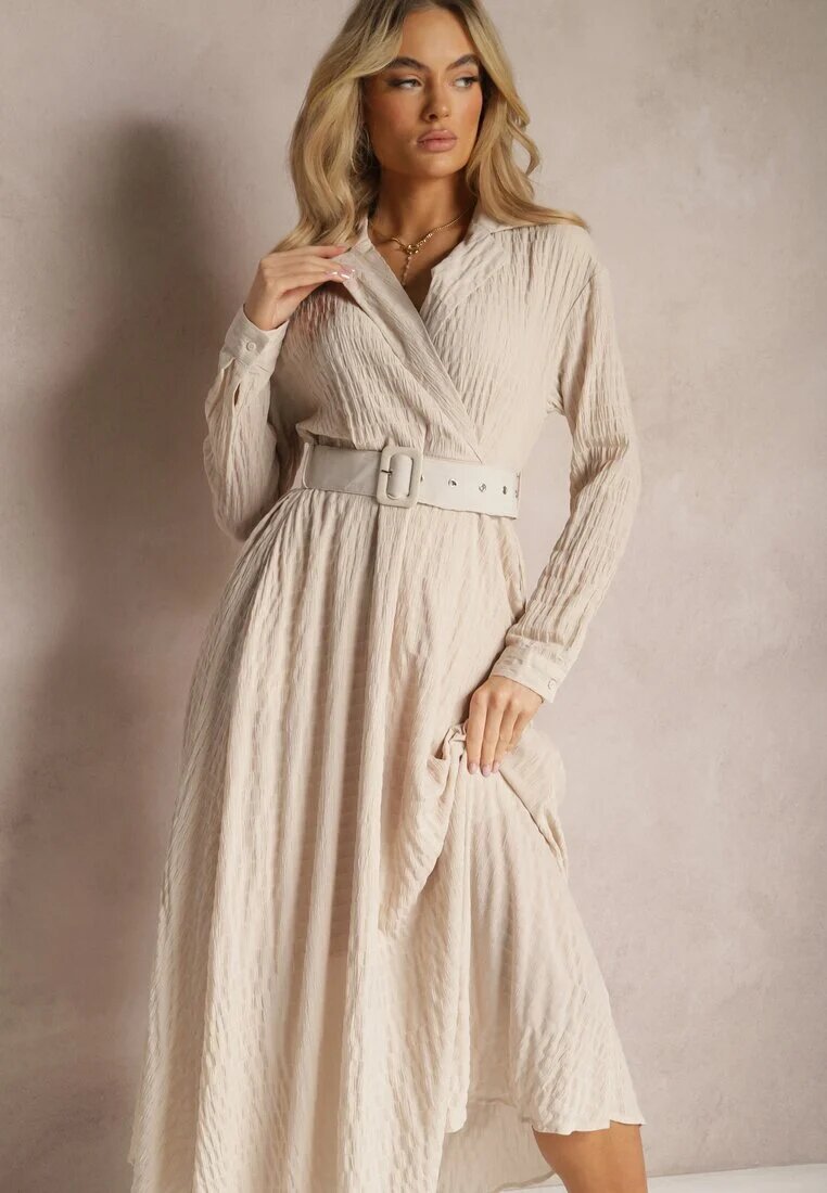 unigirl Rochie Bej cu centură și decolteu petrecut cu croială cloș Tifena