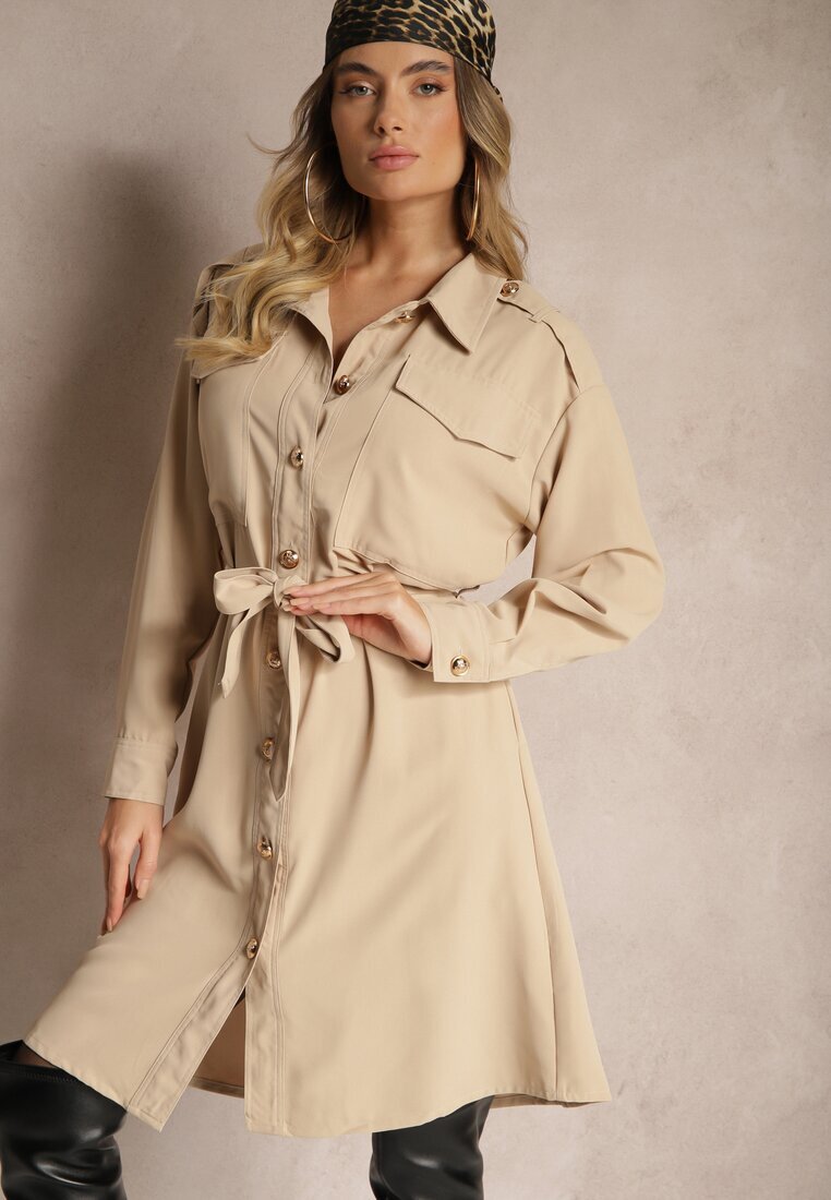 unigirl Rochie bej cu croială tip cămașă cu curea și nasturi eleganți Torlina
