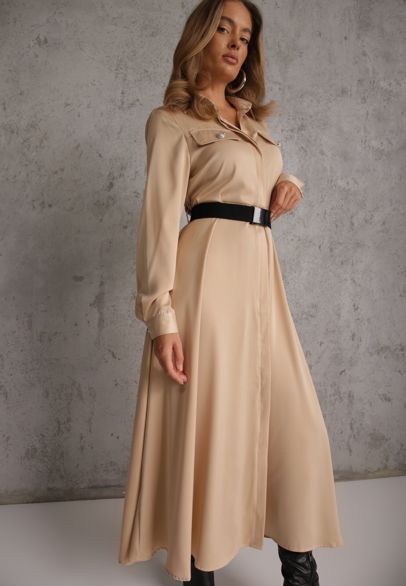 unigirl Rochie bej de satin stil cămașă cu buzunare false și curea Vaminay