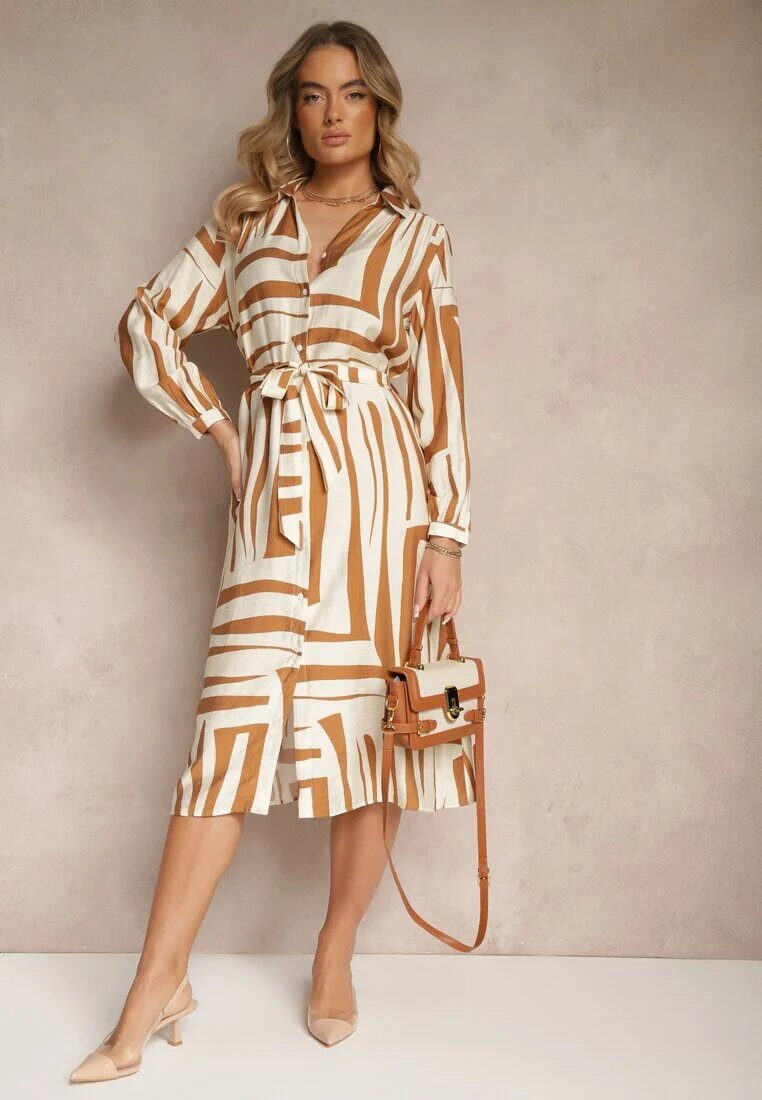 unigirl Rochie Bej din vâscoză cu croială tip cămașă cu imprimeu geometric Ninatria