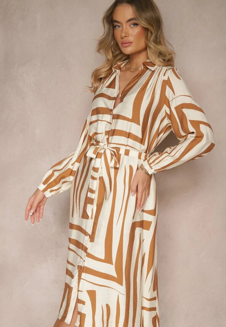 unigirl Rochie Bej din vâscoză cu croială tip cămașă cu imprimeu geometric Ninatria
