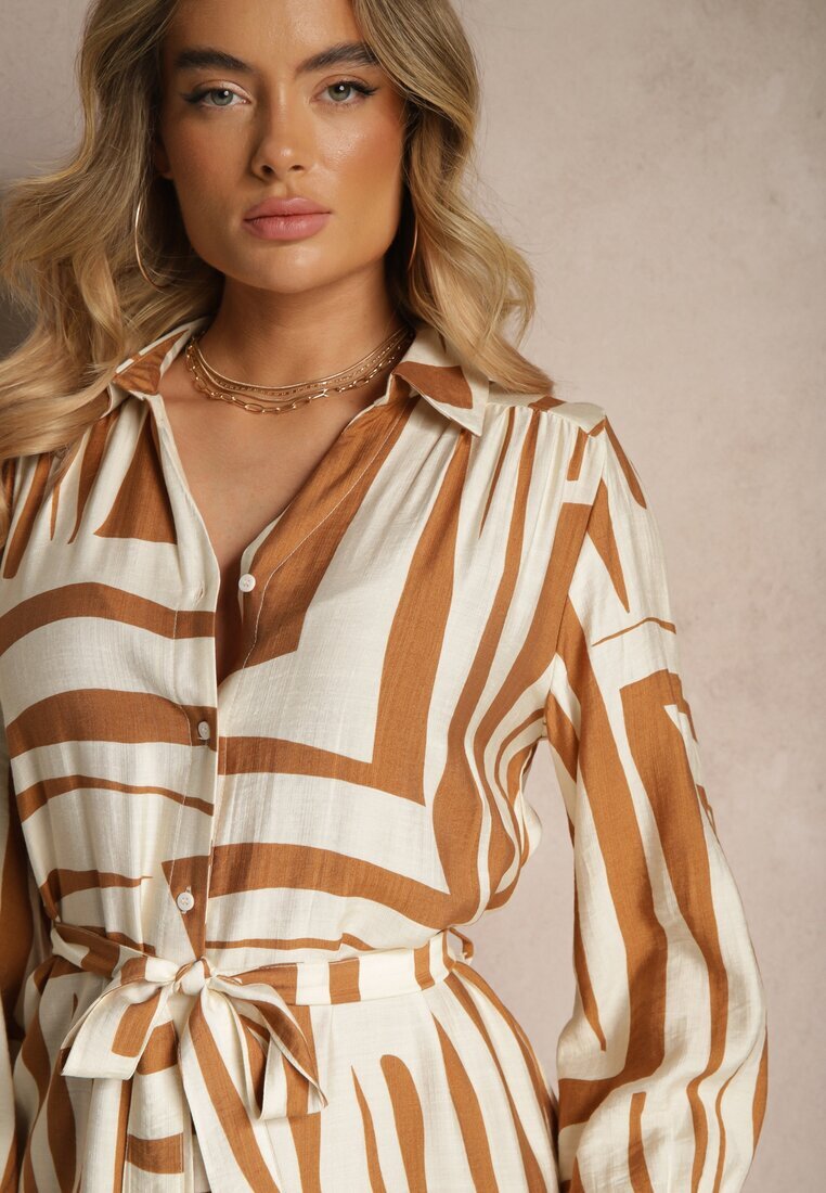 unigirl Rochie Bej din vâscoză cu croială tip cămașă cu imprimeu geometric Ninatria