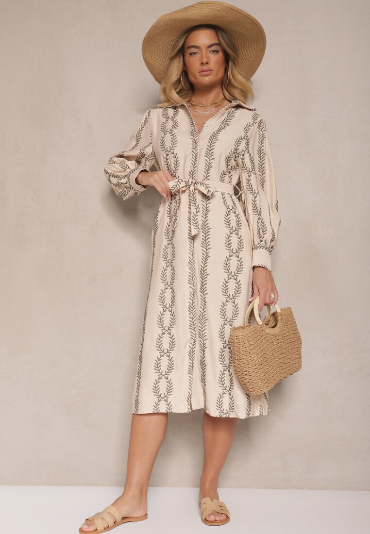 unigirl Rochie Bej din Viscoză stil Cămașă cu Broderie și Cordon Salliene