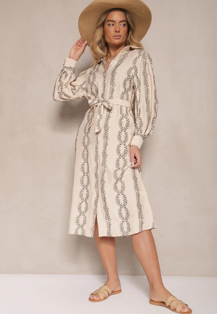unigirl Rochie Bej din Viscoză stil Cămașă cu Broderie și Cordon Salliene
