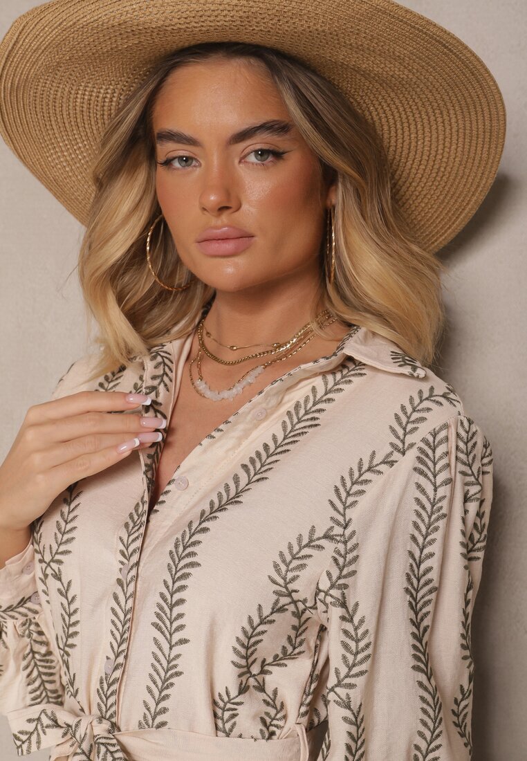 unigirl Rochie Bej din Viscoză stil Cămașă cu Broderie și Cordon Salliene