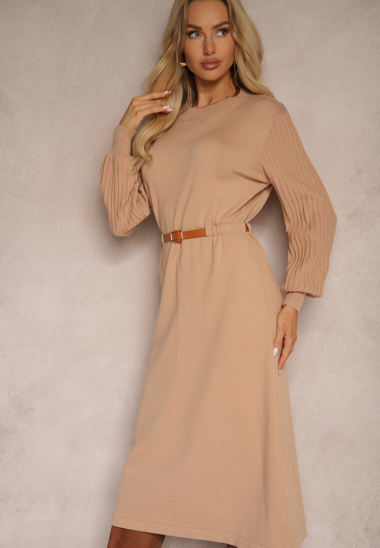 unigirl Rochie Bej închis cu adaos de vâscoză cu centură și mâneci decorative Daiviane