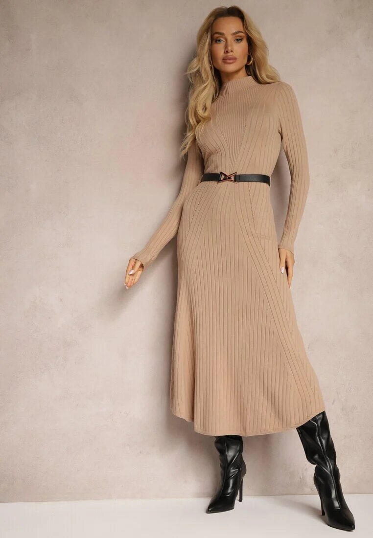 unigirl Rochie Bej închis tricotată cu curea elegantă și cu adaos de lână Nirillia