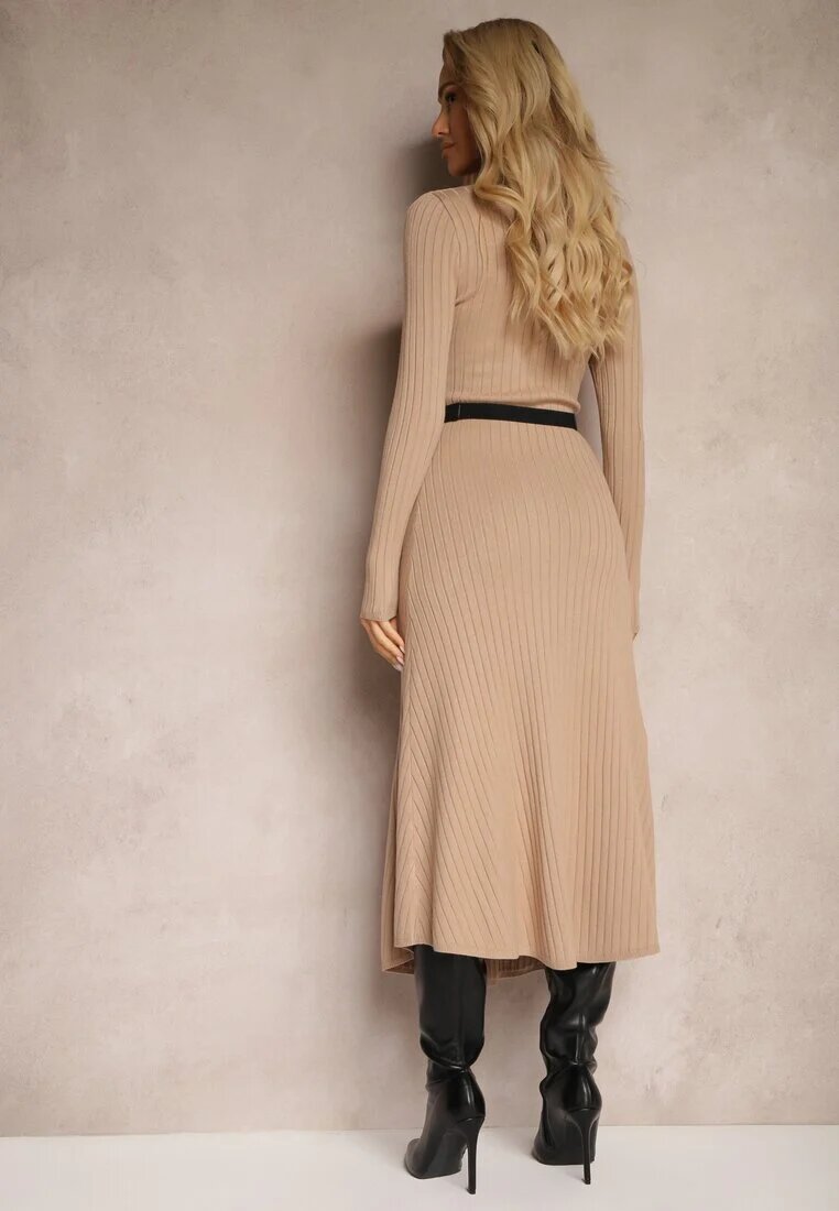 unigirl Rochie Bej închis tricotată cu curea elegantă și cu adaos de lână Nirillia