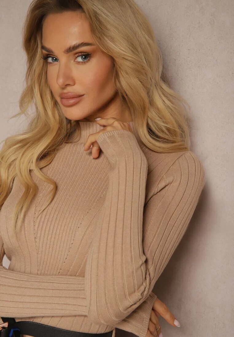 unigirl Rochie Bej închis tricotată cu curea elegantă și cu adaos de lână Nirillia