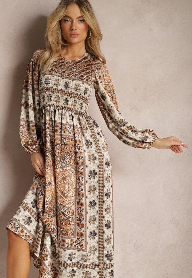 unigirl Rochie bej Maxi Boho cu Mânecă Bufantă și cu Poală Evazată Veltiana