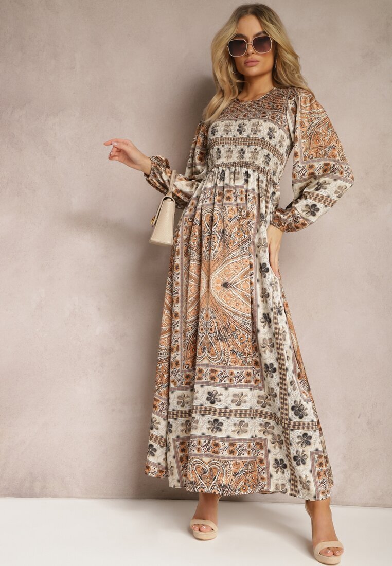 unigirl Rochie bej Maxi Boho cu Mânecă Bufantă și cu Poală Evazată Veltiana
