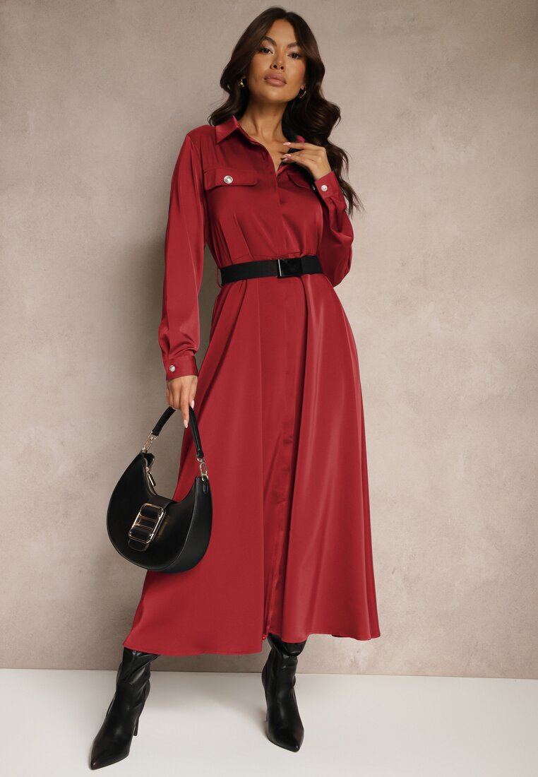 unigirl Rochie bordo de satin tip cămașă cu imitații de buzunare și curea Vaminay
