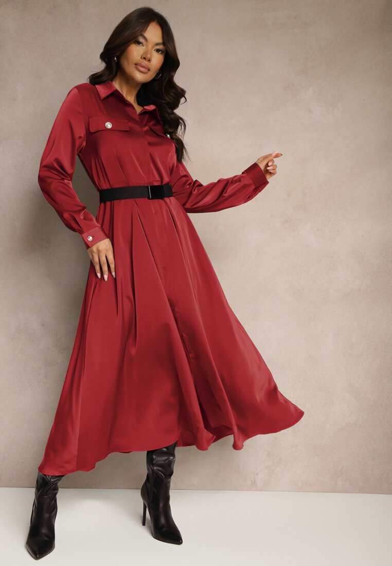 unigirl Rochie bordo de satin tip cămașă cu imitații de buzunare și curea Vaminay