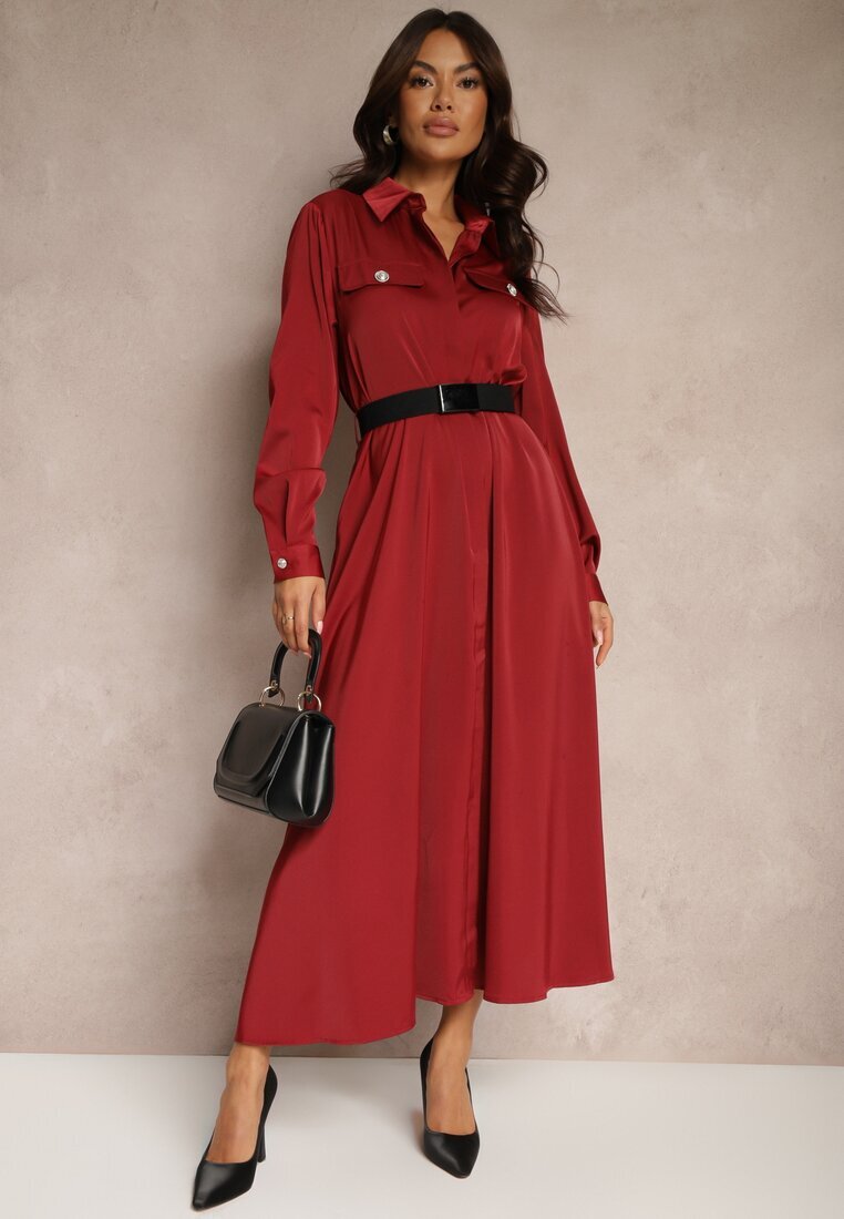 unigirl Rochie bordo de satin tip cămașă cu imitații de buzunare și curea Vaminay