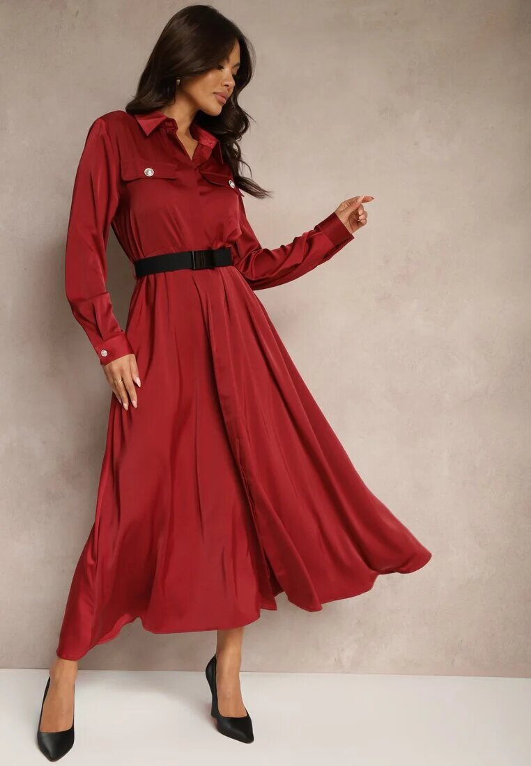 unigirl Rochie bordo de satin tip cămașă cu imitații de buzunare și curea Vaminay