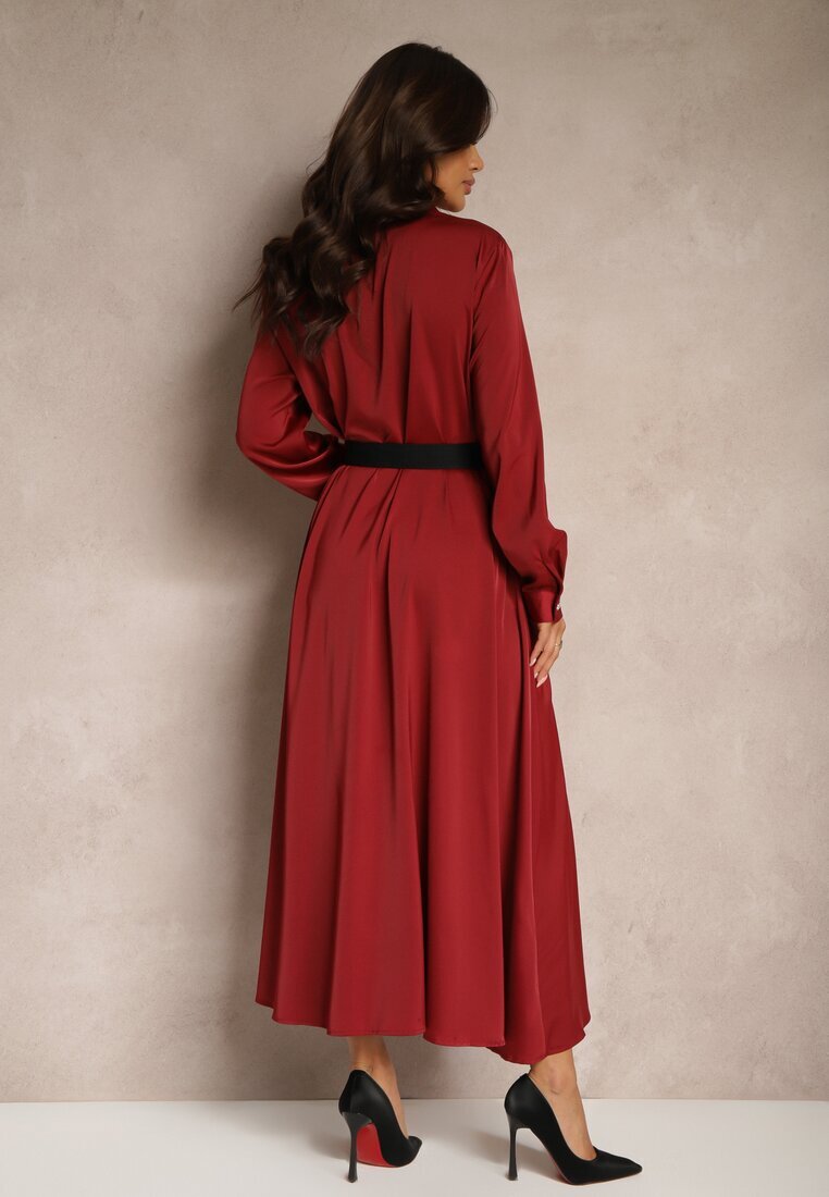 unigirl Rochie bordo de satin tip cămașă cu imitații de buzunare și curea Vaminay