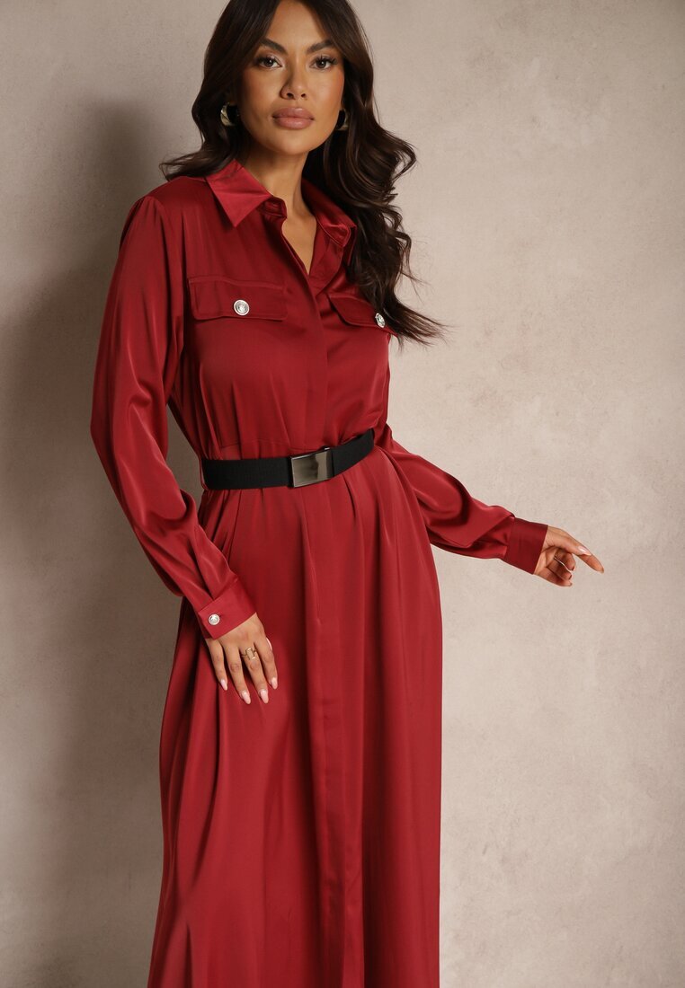 unigirl Rochie bordo de satin tip cămașă cu imitații de buzunare și curea Vaminay