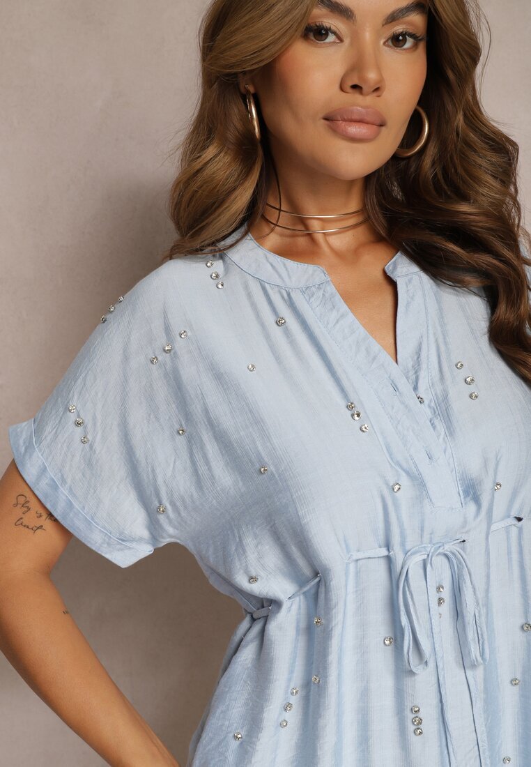 unigirl Rochie Boxy Albastră cu șnur în talie și decorată cu zirconii Quilefia