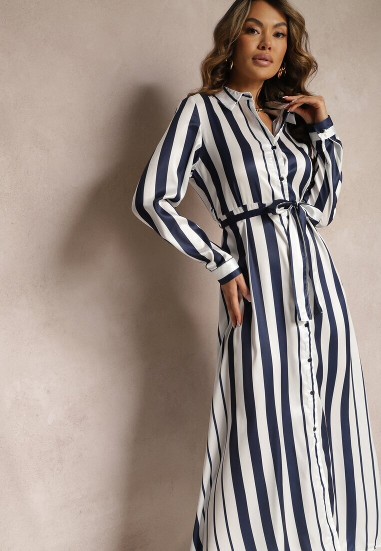 unigirl Rochie Cămașă Alb-Bleumarin Decorată Cu Model în Dungi Legată în Talie Orintta