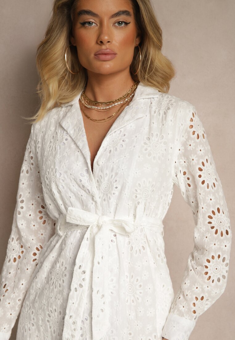 unigirl Rochie cămașă albă ajurată decorată cu curea Tananilia