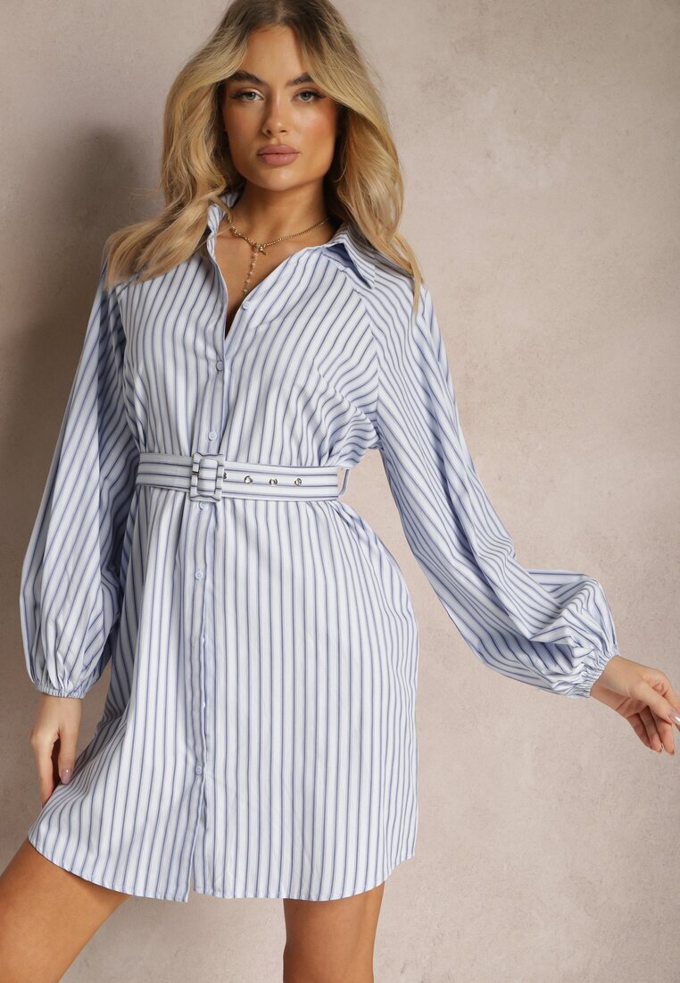 unigirl Rochie Cămașă Albastru-Alb Cambrată cu Dungi Decorative Lasenella