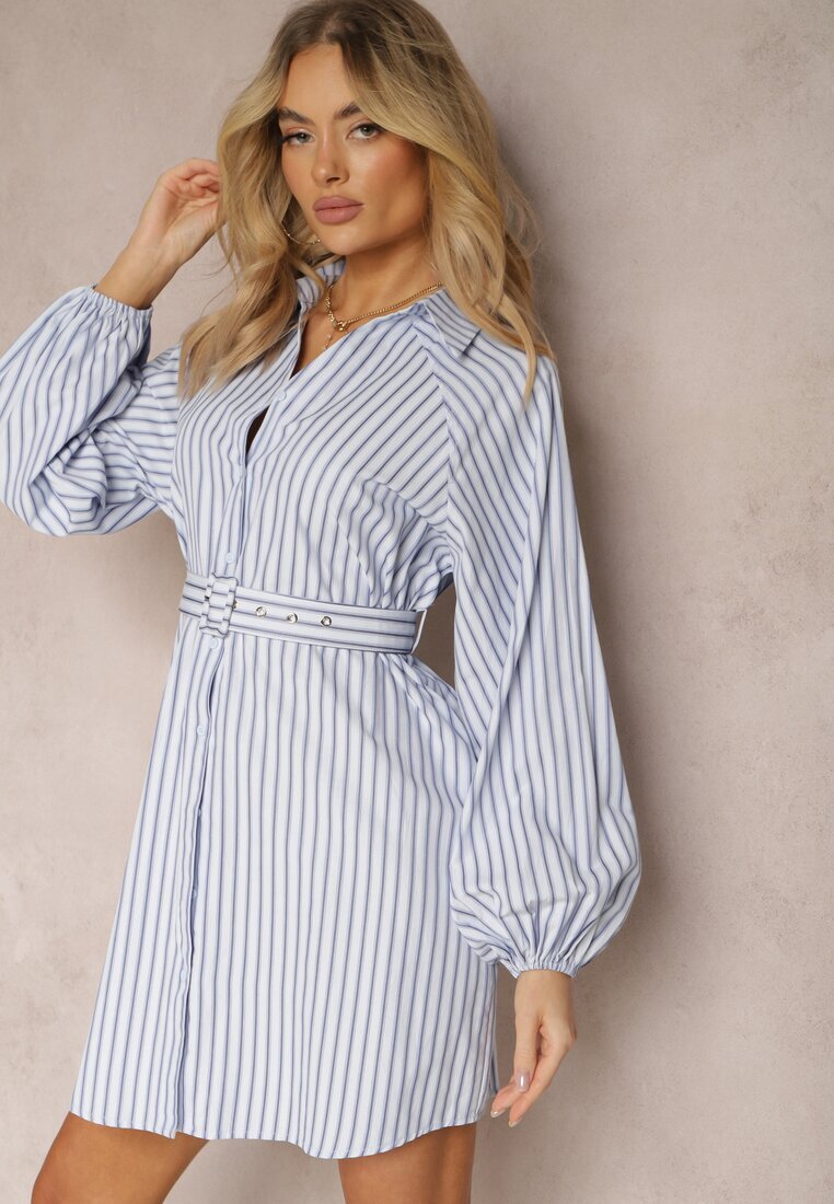 unigirl Rochie Cămașă Albastru-Alb Cambrată cu Dungi Decorative Lasenella