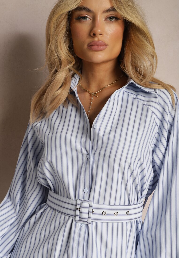 unigirl Rochie Cămașă Albastru-Alb Cambrată cu Dungi Decorative Lasenella