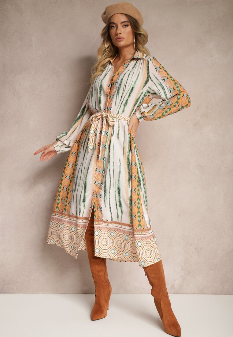 unigirl Rochie cămașă bej Cu cordon în talie Decorată cu model abstract Nilima