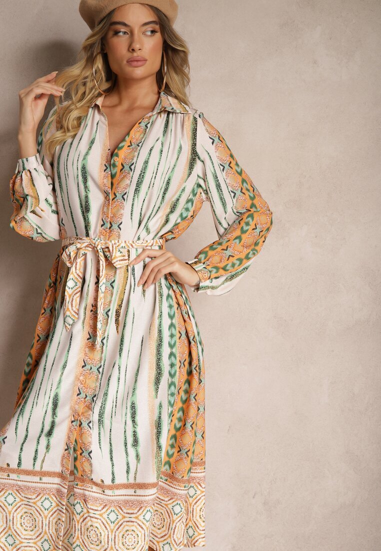 unigirl Rochie cămașă bej Cu cordon în talie Decorată cu model abstract Nilima