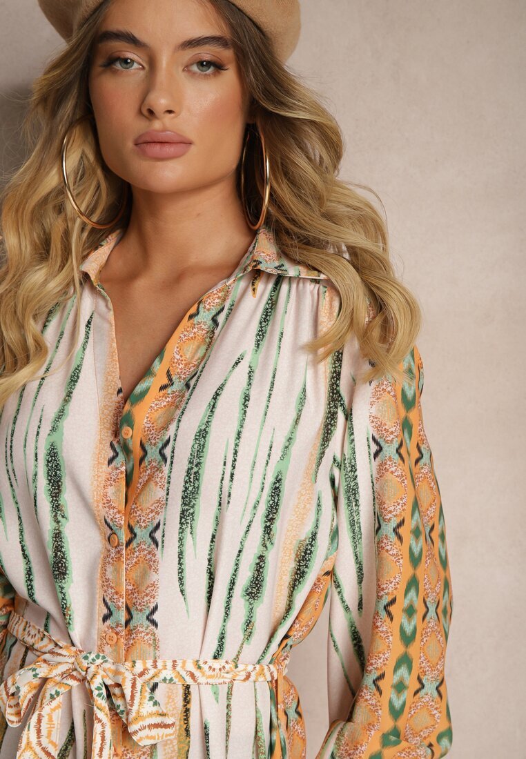 unigirl Rochie cămașă bej Cu cordon în talie Decorată cu model abstract Nilima