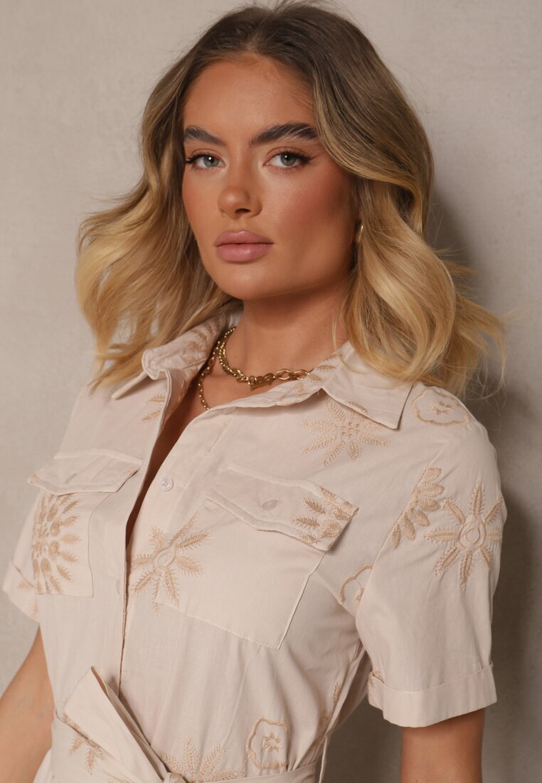 unigirl Rochie cămașă Bej de viscoză decorată cu o curea și broderie Divaloria