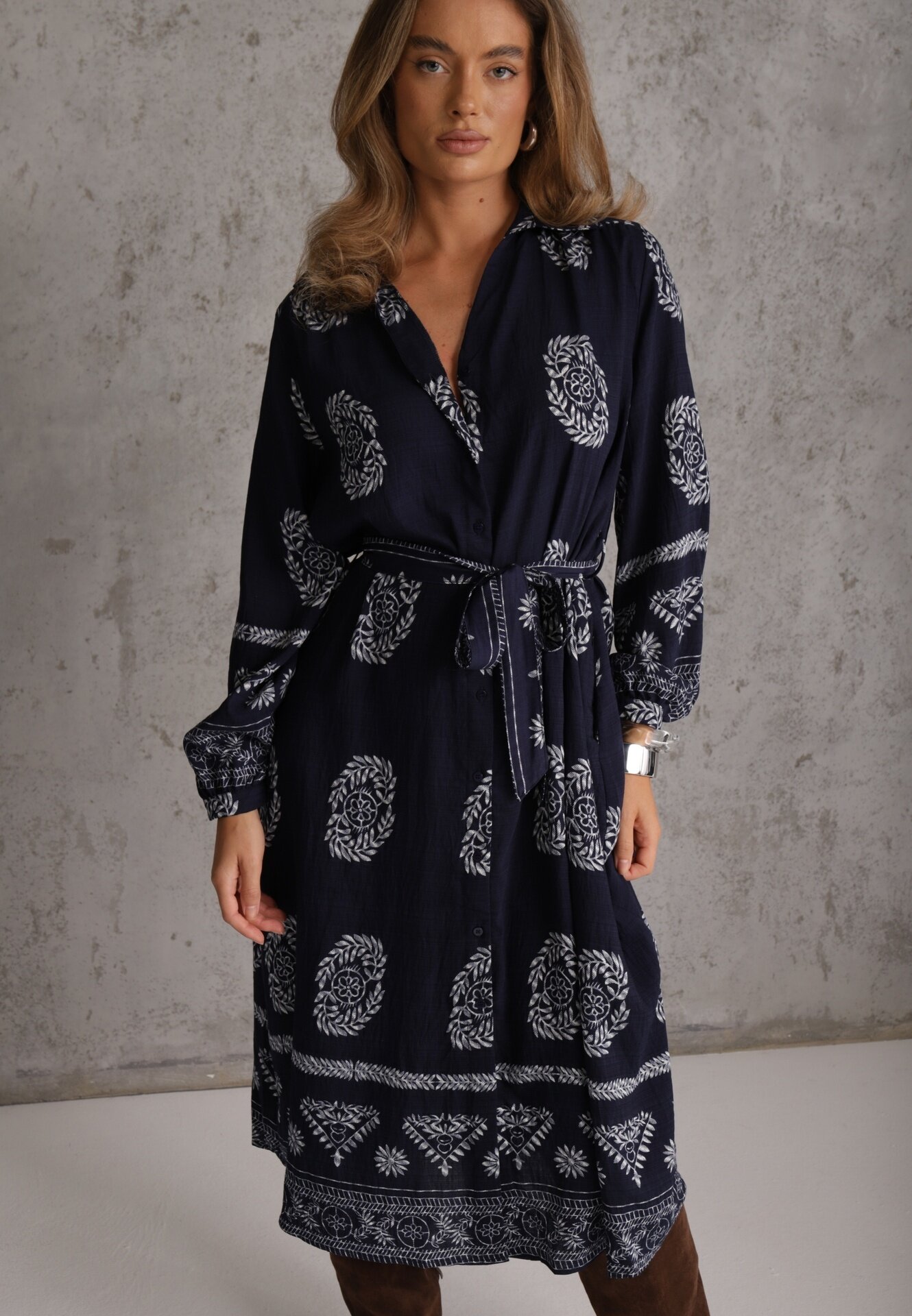 unigirl Rochie Cămașă Bleumarin Cu șnur în talie în Stil Boho Rorisha