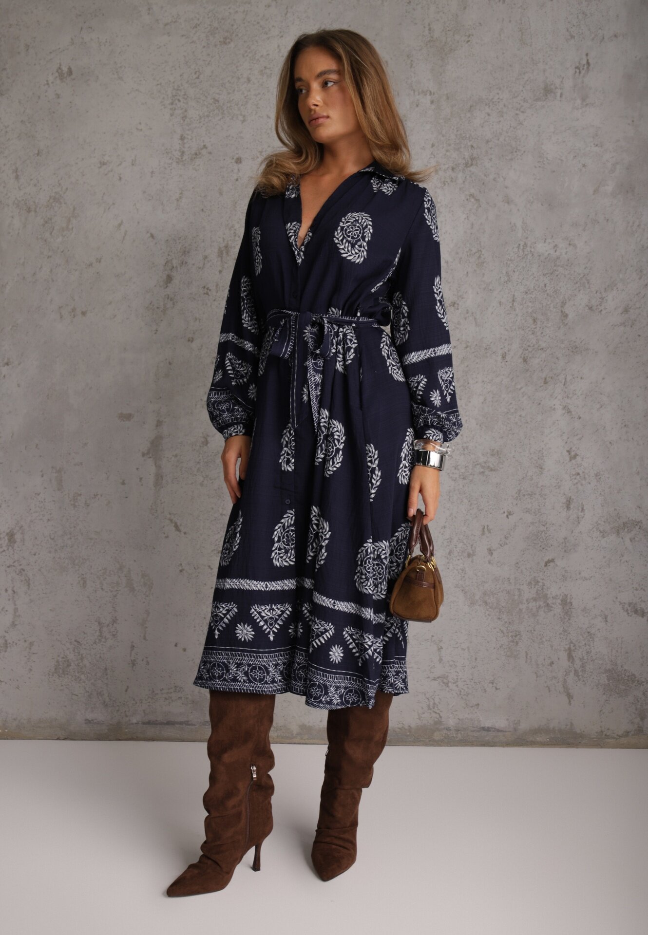 unigirl Rochie Cămașă Bleumarin Cu șnur în talie în Stil Boho Rorisha