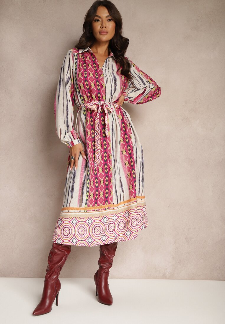 unigirl Rochie Cămașă Fucsia-Bej Legată în Talie Decorată cu Model Abstract Nilima