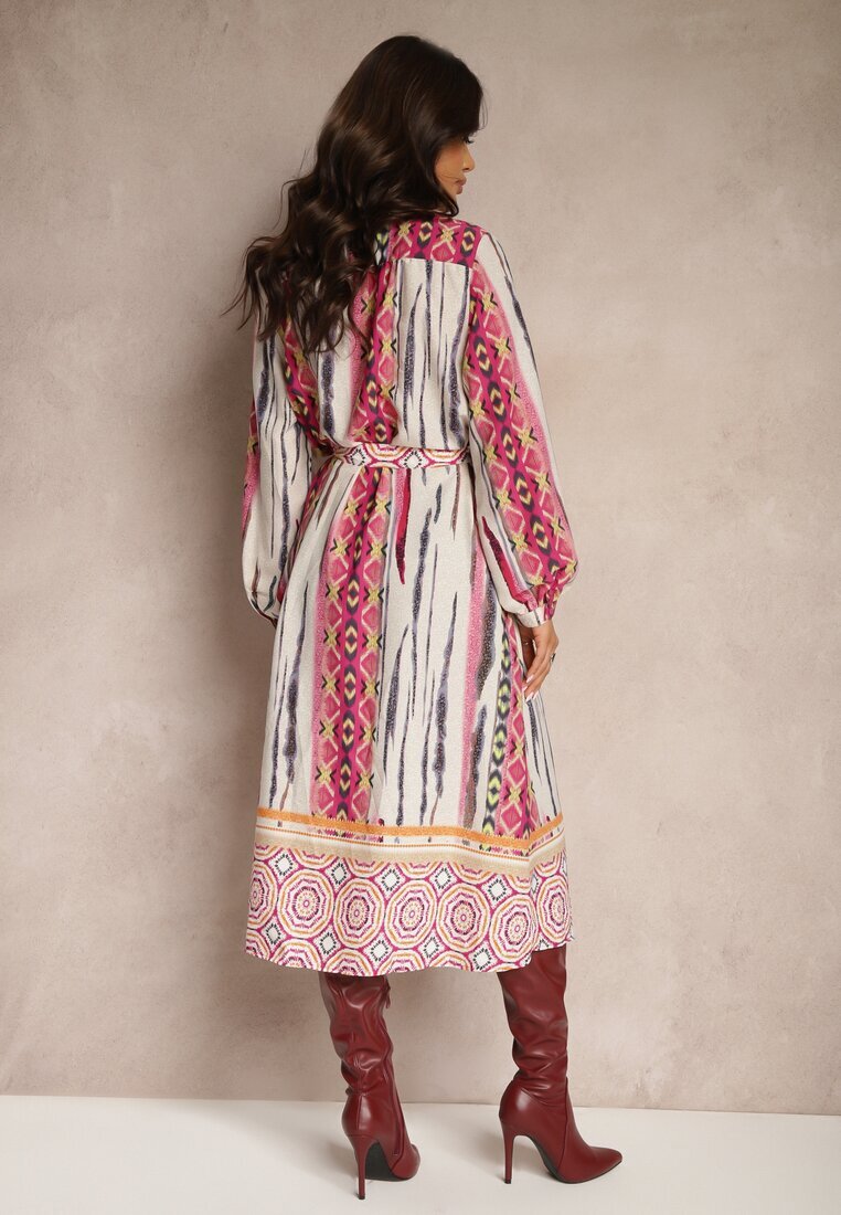 unigirl Rochie Cămașă Fucsia-Bej Legată în Talie Decorată cu Model Abstract Nilima